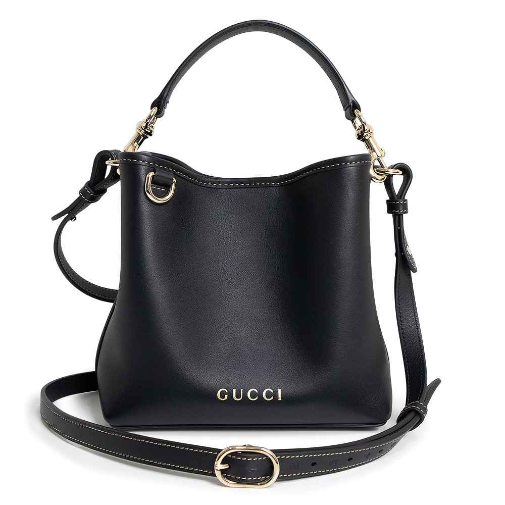 GUCCI GG Emblem Bucket Bag Smooth Leather Black Shoulder Handbag